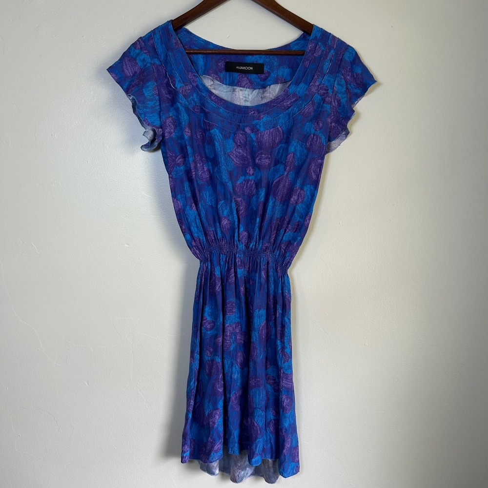 Thakoon Dress Silk Mini Size 6 Blue Purple Floral Flutter Sleeve Elastic Waist